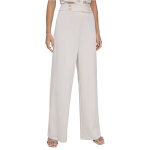 Calvin Klein Womens Buttoned High Rise Wide Leg Relaxed Casual Pants, Beige, ...